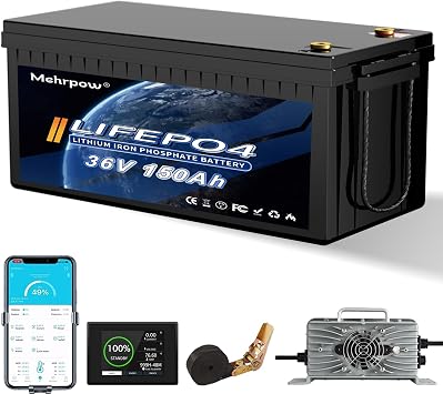 36V 150Ah LiFePO4 battery, built-in Bluetooth 200A BMS and LCD display, IP65 waterproof and dustproof, equipped with 43.8V 25A lithium battery charger, peak current 1000A, perfect for golf carts