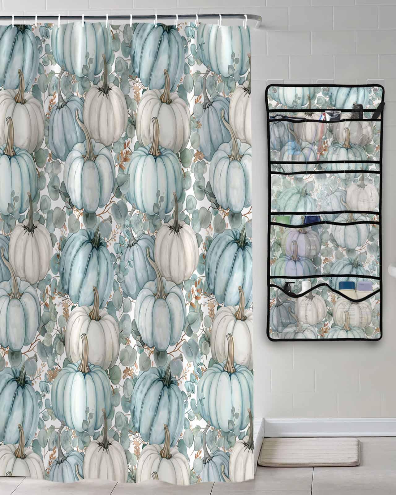 Decorative Shower Curtain Sets Fall Thanksgiving Polyester Fabric Waterproof Shower Curtains Autumn Pumpkin Eucalyptus Leaves Blue Mesh Shower
