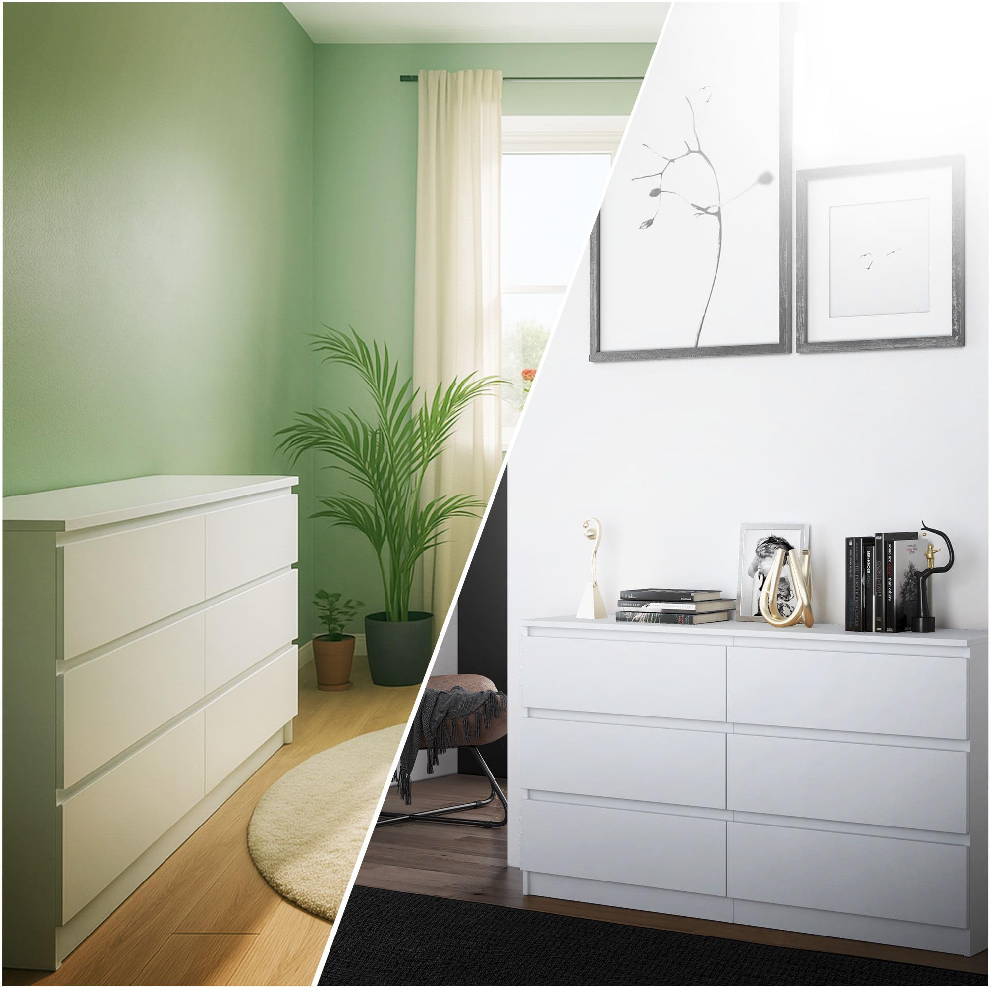 CDF Kommode Weiß mit 6 Schubladen 40 cm Tief Komodenschrank Komode für Wohnzimmer Schlafzimmer Schubladenschrank Malm Kommode viel Stauraum Geeignet Organizer Kleidung 138 cm Breite Modern Look