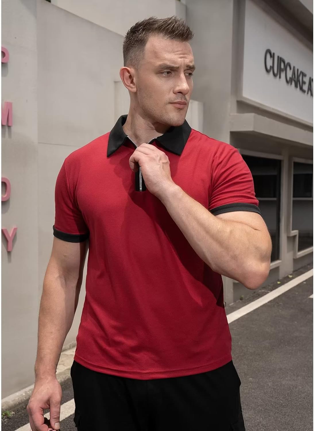 Rela Bota Men's Short Sleeve Polo Shirts Fashion Zipper Polos Casual Slim Fit T-Shirt Wine Red M - Image 4