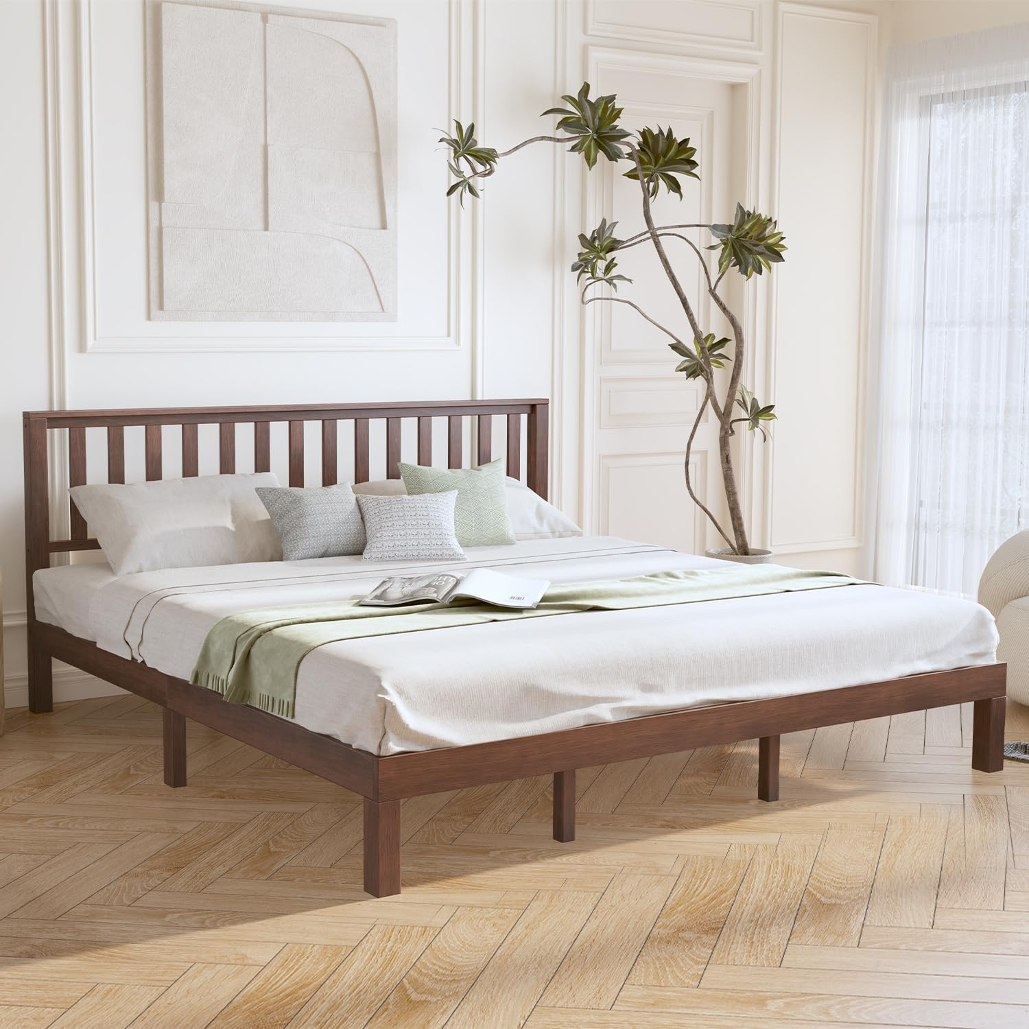 Photo 1 of DELAVIN King Size Bed Frame and Headboard, Mid Century Modern Platform Bed, Malaysian Oak Bed with 12 Slats Support,Solid Wood Function, No Box Spring Needed, Easy Assembly, King, Antique Espresso