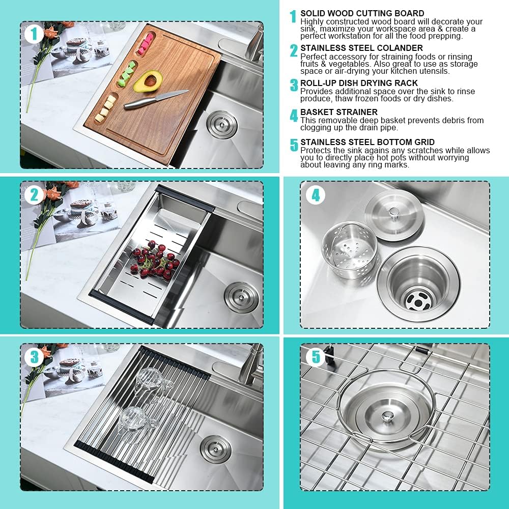 27 Inch Drop In Kitchen Sink Workstation-iAnomla 27x22 Stainless Steel Kitchen Sink Drop In Top Mount Sinks 16 Gauge Stainless Steel Single Bowl Deep Overmount Sinks with Cutting Board