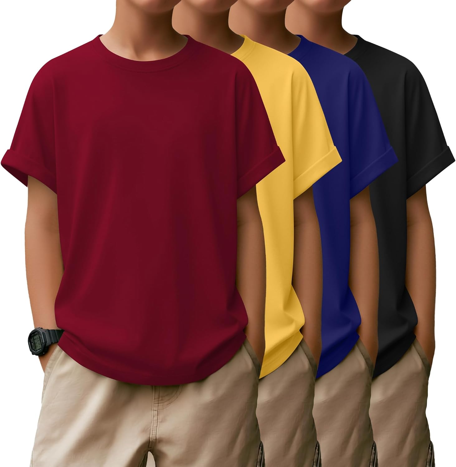 4 Pack Boys Short Sleeve Shirts Crewneck Kids Loose Fit Basic Casual Youth Soft Solid Plain Tees