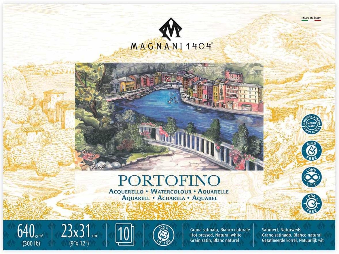 Magnani 1404 Portofino Hot Press 100% Cotton Watercolor Paper Block, 10 Sheets, 9x12, 300 lb, Acid-Free, UV Resistant, Vegan Sized Water Color Paper for Artists, Made in Italy