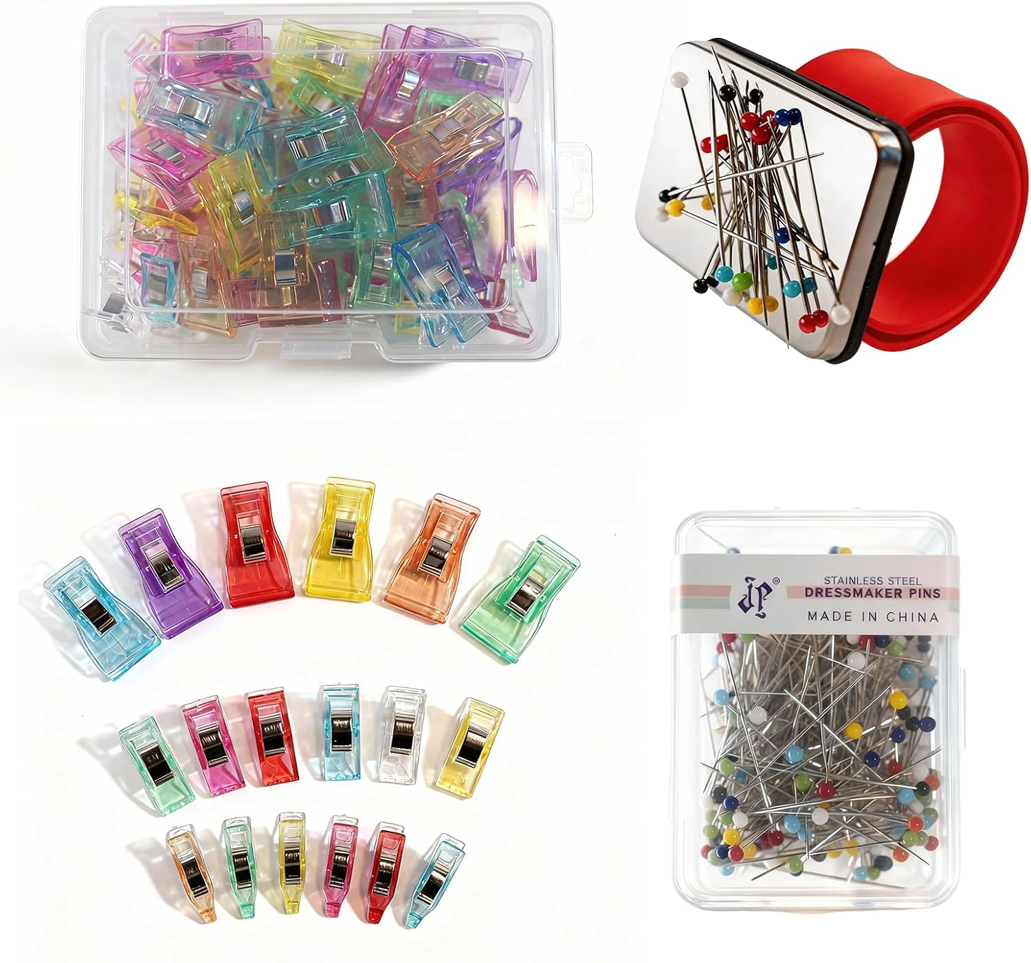 Sewing Quilting Seam Kits and supplies-100 Pcs Plastic Sewing Clips and 200 Pcs Stainless Steel pins with Magnetic Holder (red)