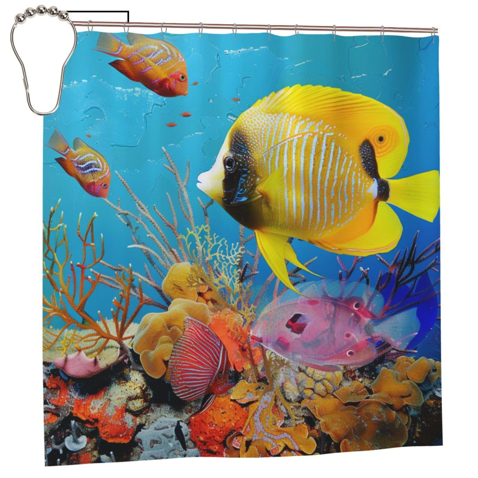 BWWHCCTI Tropical Fish Printed Shower Curtain With 12 Iron Hooks Opaque Quick Drying Waterproof Shower Curtains Sets For Bathroom 183x183 CM