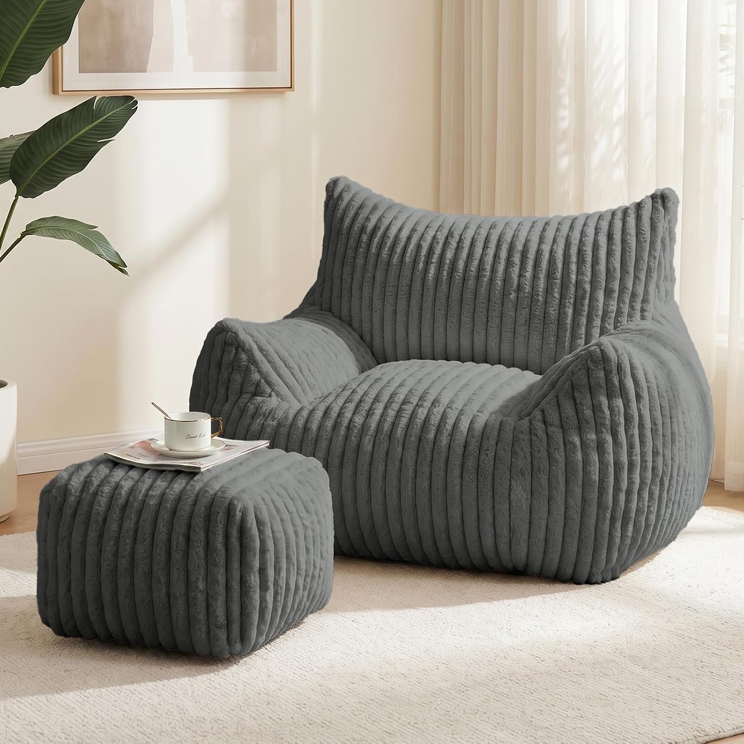 Giant Bean Bag Chairs for Adults & Kids with Footrest, Comfy Bean Bag Couch Sofa for Living Room, Memory Foam Filled Boneless Lounge Chair for Reading Gaming,Grey
