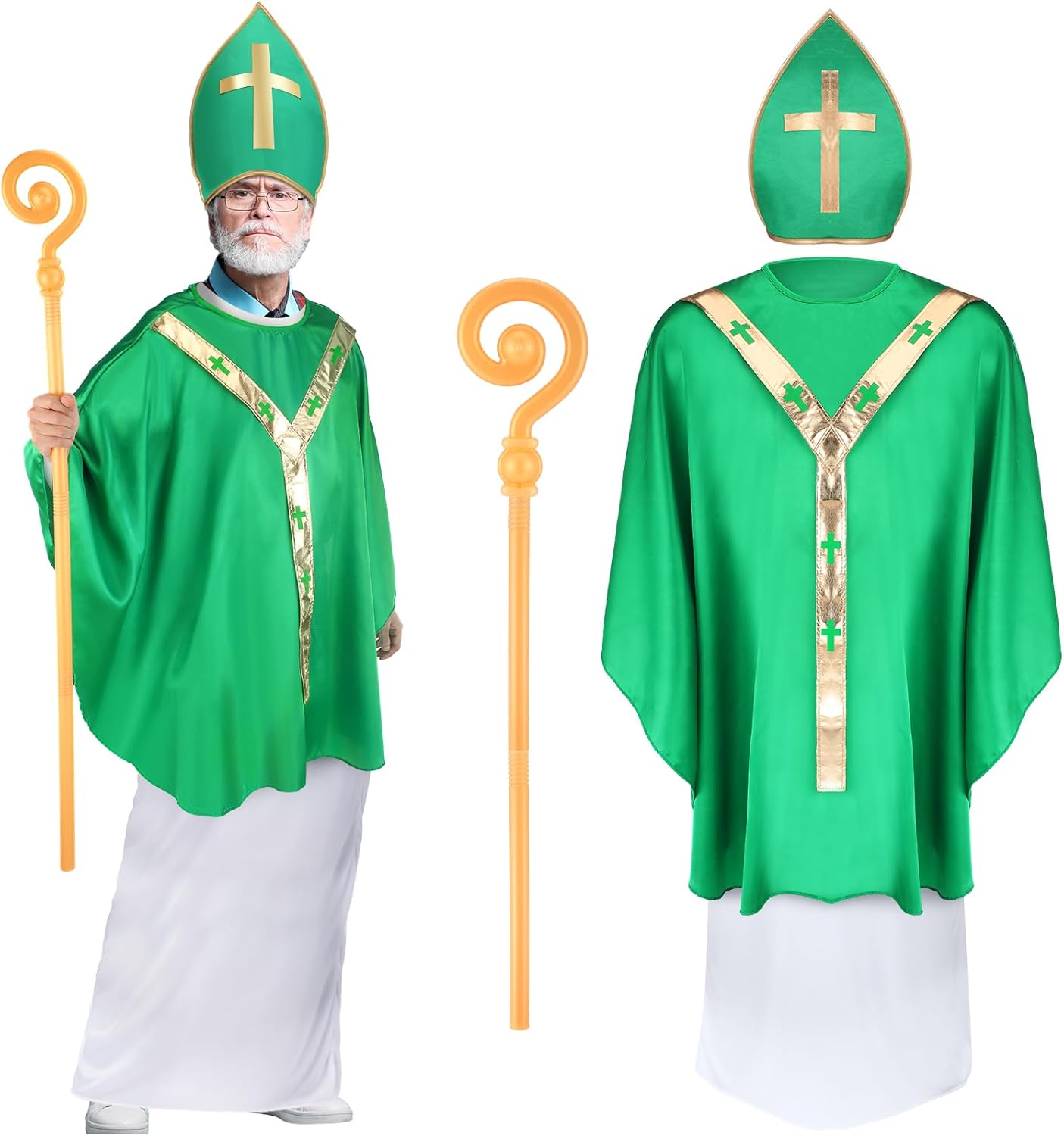 Cozypower 4 Pcs St. Patrick's Day Saint Costume for Men Irish Poncho Robe Golden Scepter Cross Hat for Catholic Accessories