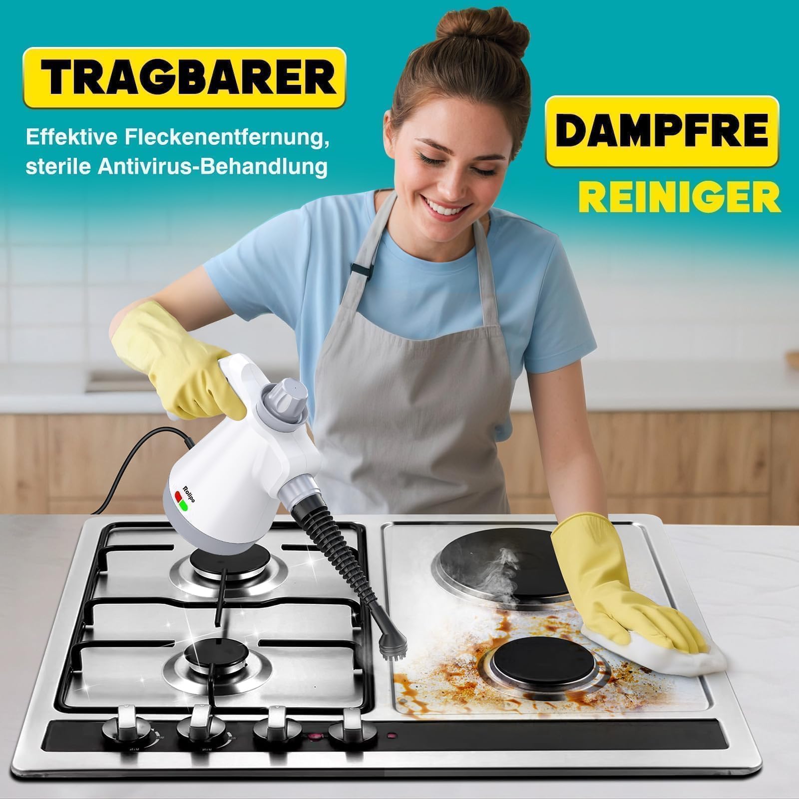 Rolipo Dampfreiniger Handgerät mit 12-Teiligem Zubehör, 1050W Steam Cleaner für Haushalt, Küche, Bad, Fenster, Polster & Auto–100% Chemiefrei, Hochdruck-Dampf gegen Schmutz Fett & Bakterien