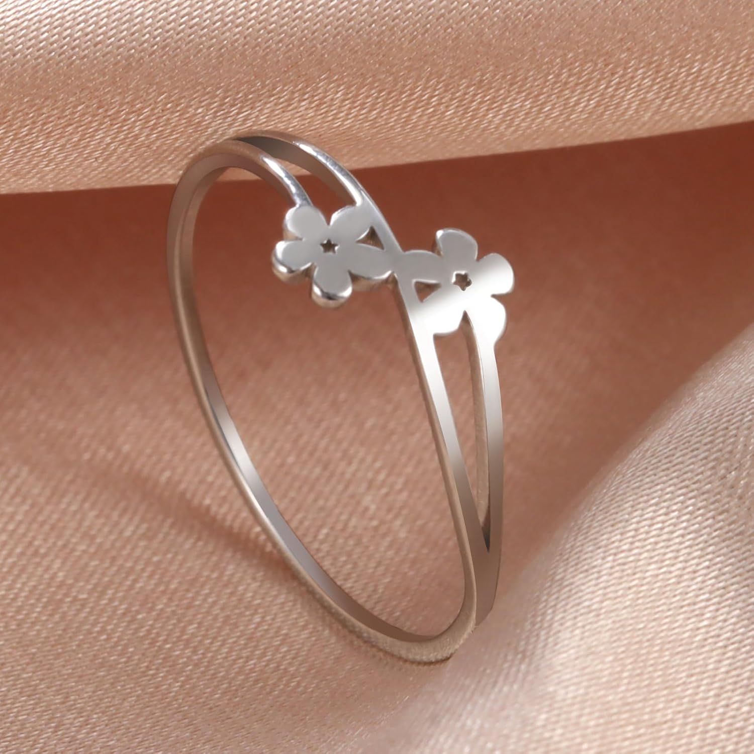 Minimalist Double flower Ring Gold, Silver Stainless Steel Accessories Size 7-11 Polished Jewelry Delicate Everyday Stackable Rings for Women - Image 3