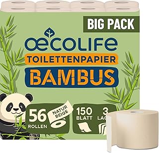 œcolife Toilettenpapier Bambus, 56 Rollen à 150 Blatt, 3-lagig, superweich, von Dermatest geprüft, nachhaltiges Klopapier, sanft zur Haut, beiges Papier