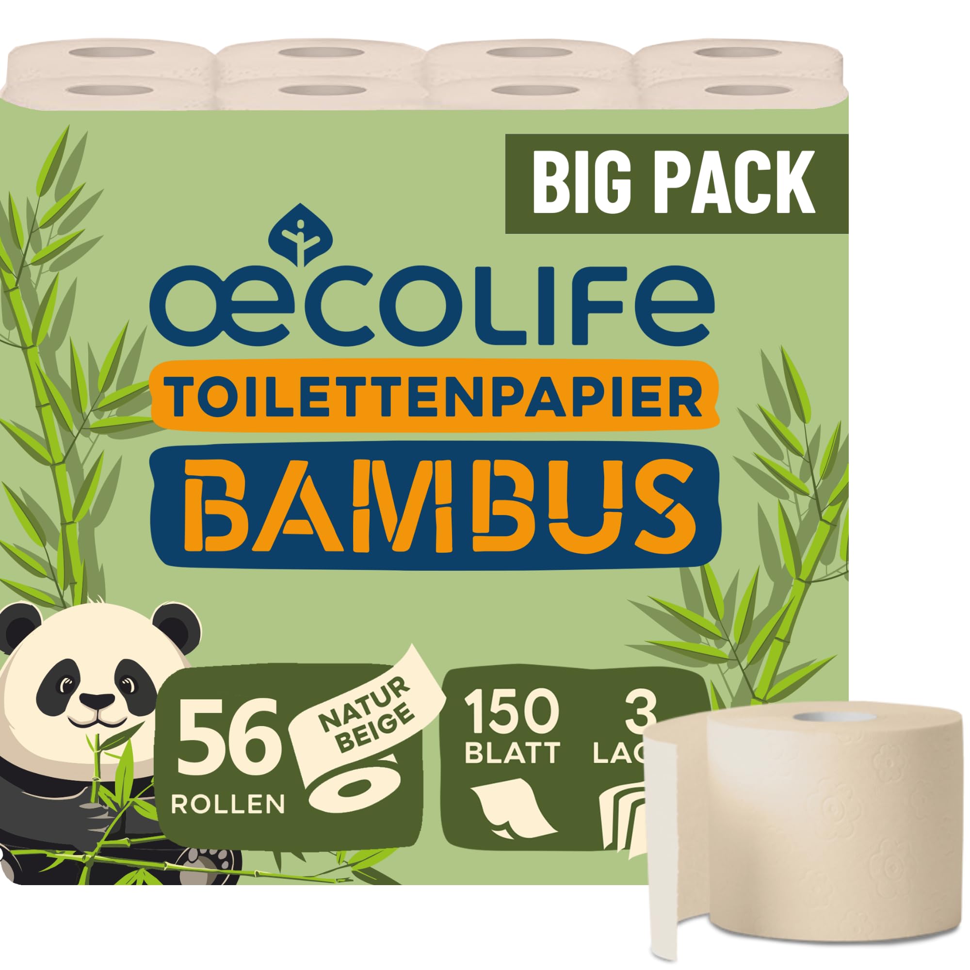 œcolife Toilettenpapier Bambus 3-lagig, 56 Rollen Klopapier superweich | superweich, plastikfrei verpackt, vegan, Verpackung mit 60% PCR-Anteil