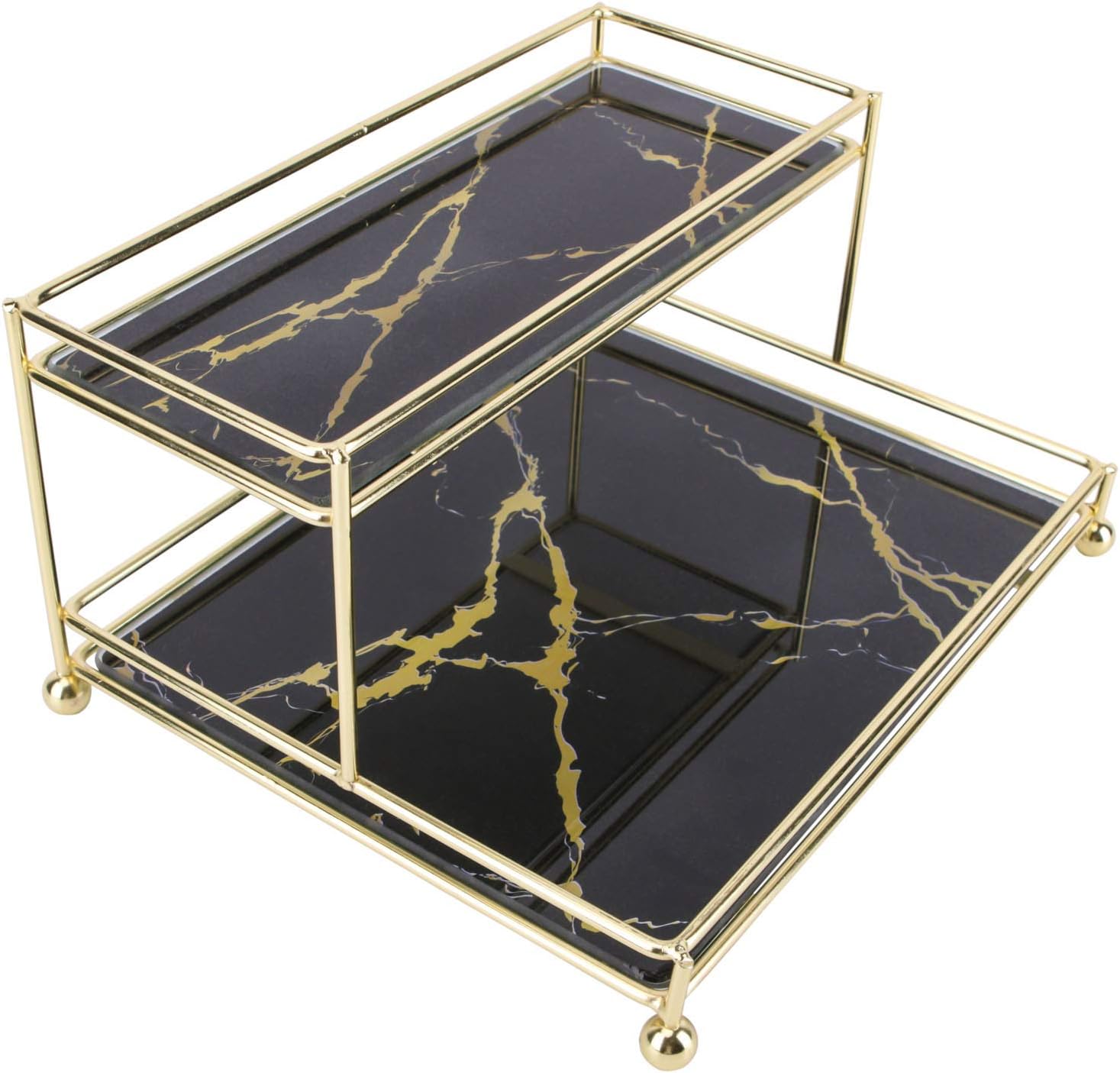 Simmer Stone Makeup Organizer Shelf, 2-Tier Cosmetic Storage Basket with Glass Tray, Wire Vanity Organizer Rack for Bathroom, Countertop, Dresser and More, Medium Size