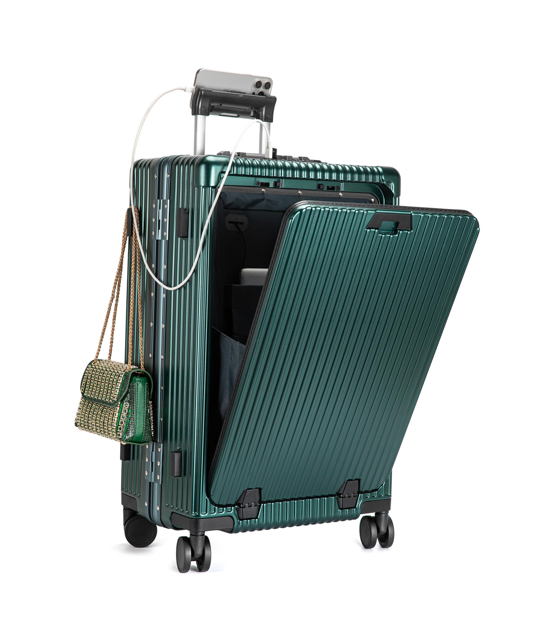 feilario Aluminium Frame PC Hard Shell Spinner Wheels Luggage,22.5"X15"X9.5" Airline Approved Built-In TSA lock Carry on Suitcase, with Cup Holder, USB Port, Phone Holder