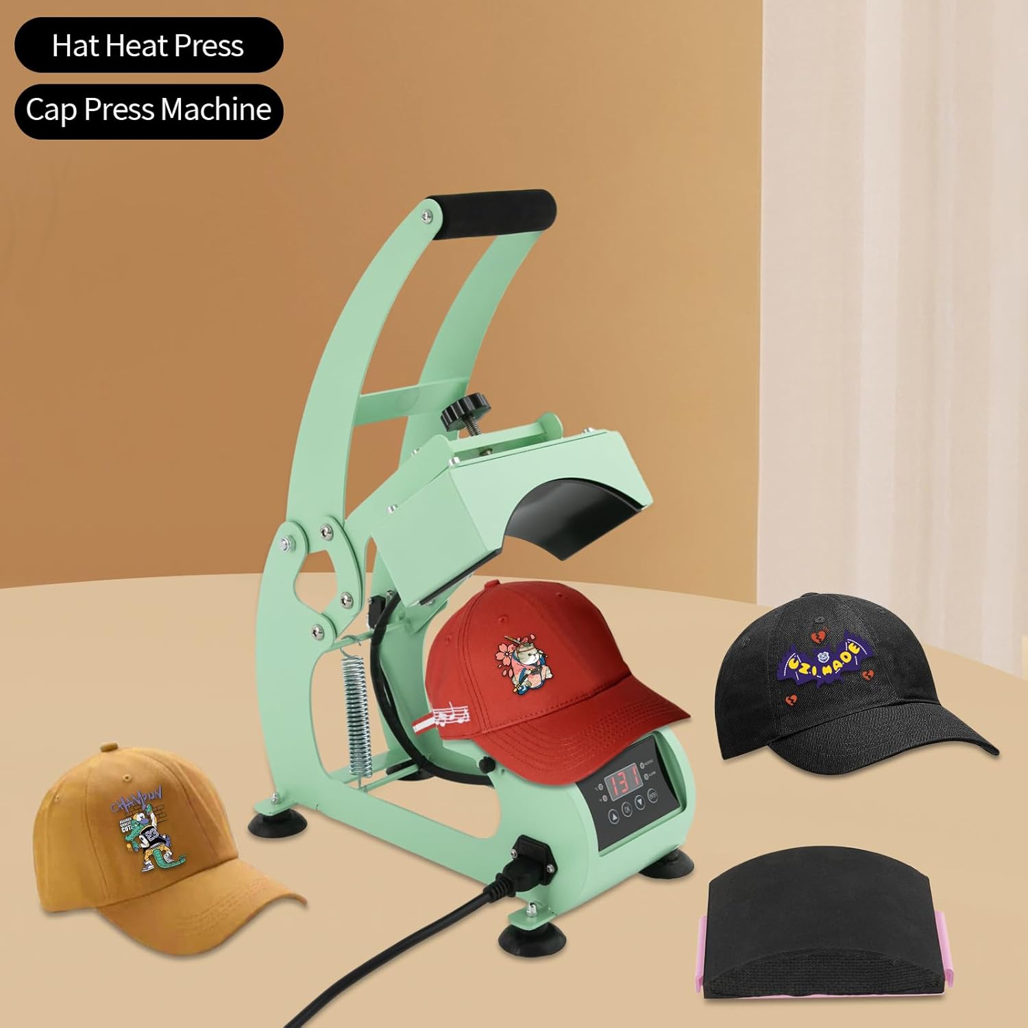 Hat Heat Press Machine - 2-in-1 Hat Heat Press Machine Curved Element Clamshell Design Transfer Printing Machine - Cap Sublimation Transfer Press with Timer and Temperature Control (Light Green)