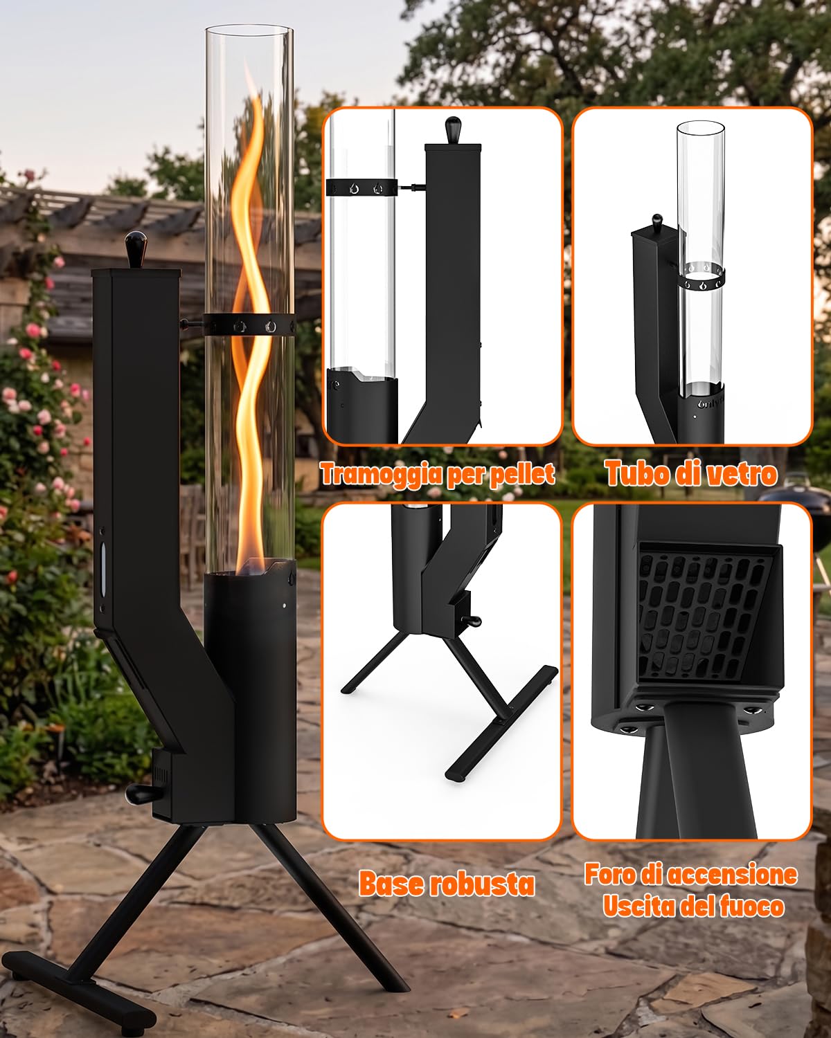 Onlyfire Stufa a Pellet da Compatta, Riscaldante per Esterno Pellet con Cassetto Cenere e Finestra di Controllo per Piccoli Terrazzi, Giardini e Campeggio