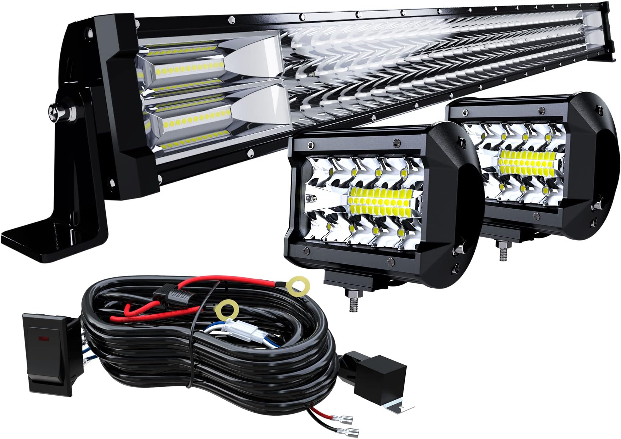 LED Light Bar 32 Inch 441W Triple Row Spot Flood Combo Beam Led Bar 2Pc 4 Inch 60W Led Cubes Lights W/Wiring Harness for Jeep Trucks ATV Polaris UTV,1 Year Warranty