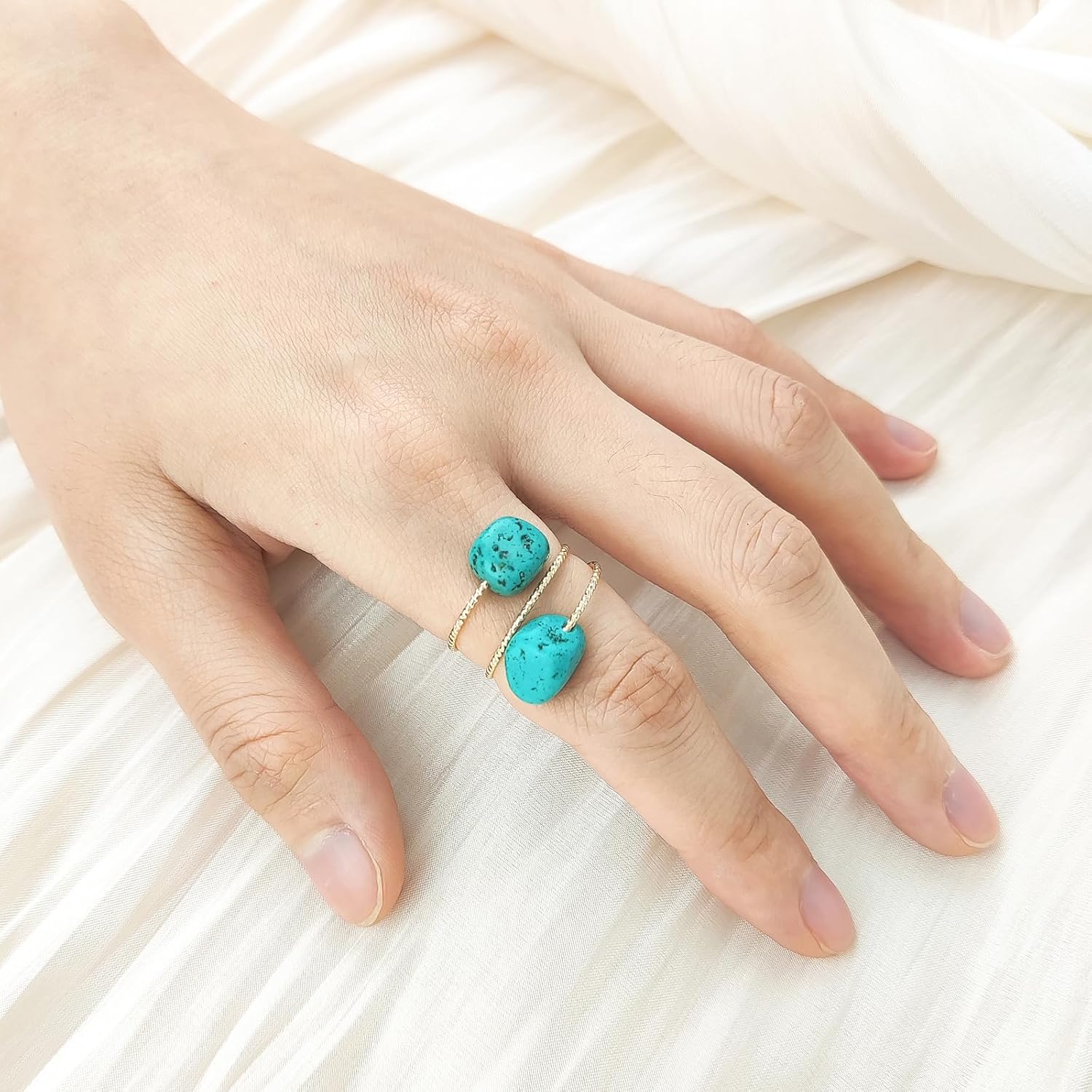 Turquoise Rings for Women, Adjustable Statement Ring Turquoise Jewelry for Women, Natural Double Turquoise Stone Ring Gold Plated - Image 4