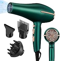 ARDIRO 2000W Negative Ionic Hair Dryer - Low Noise Professional Salon Blow Dryer with Diffuser, Fast Drying AC Motor for Frizz-Free Hair - Green