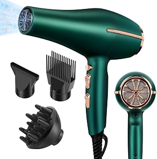 ARDIRO 2000W Negative Ionic Hair Dryer - Low Noise Professional Salon Blow Dryer with Diffuser, Fast Drying AC Motor for Frizz-Free Hair - Green