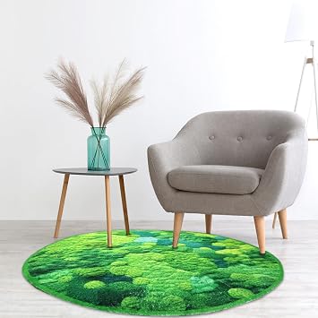 Lifup Green Moss Area Rug, Soft Botanical Print Shag Round Rug Carpet, Non Slip Washable Boho Area Rugs for Living Room Bedroom Decor Green 2.6 x 2.6 Feet