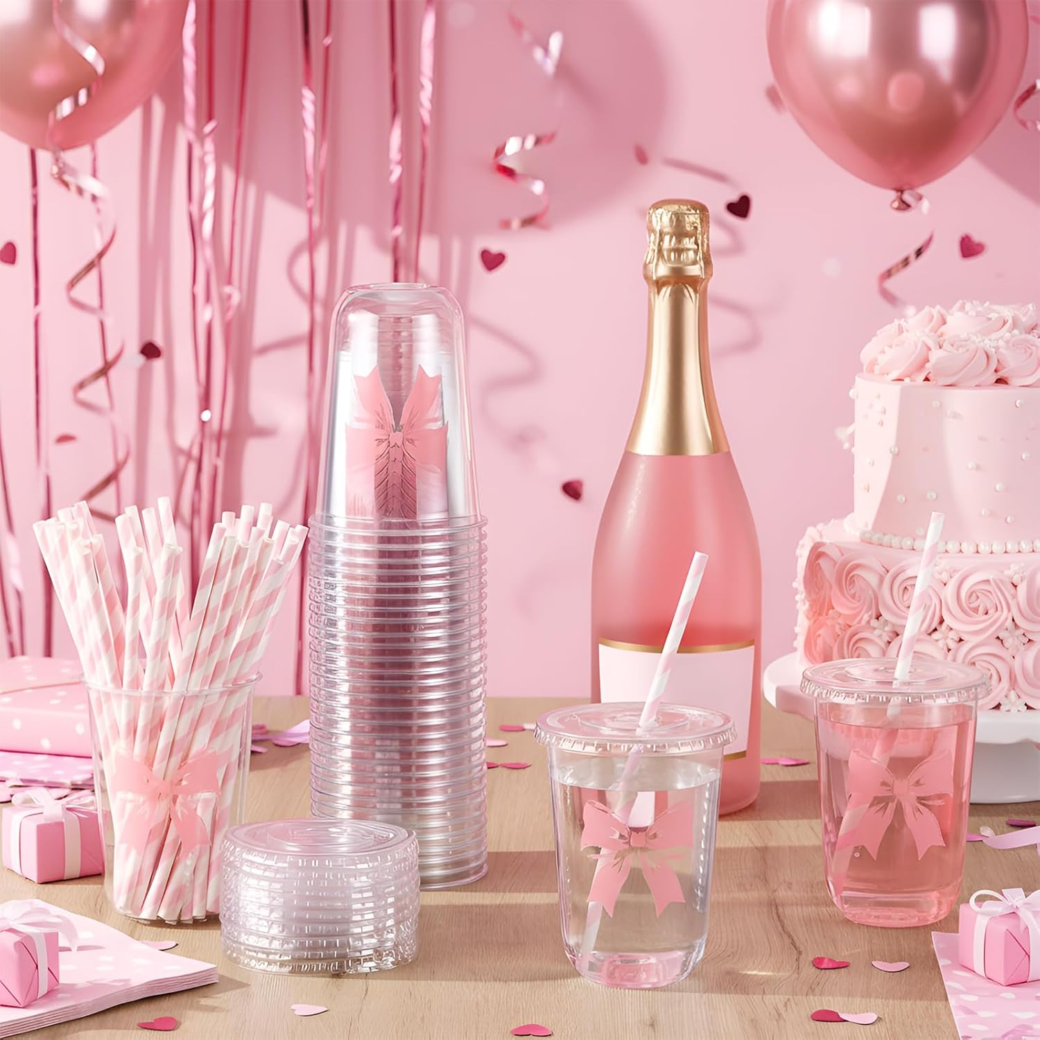 LemonRoad 50sets 16oz Pink Bow Cups, Pink Party Supplies, Cute Plastic Cups Disposable with Lids and Straws, for Birthday Wedding Engagement Drinkware Christmas Baby Shower Decorations - Image 2