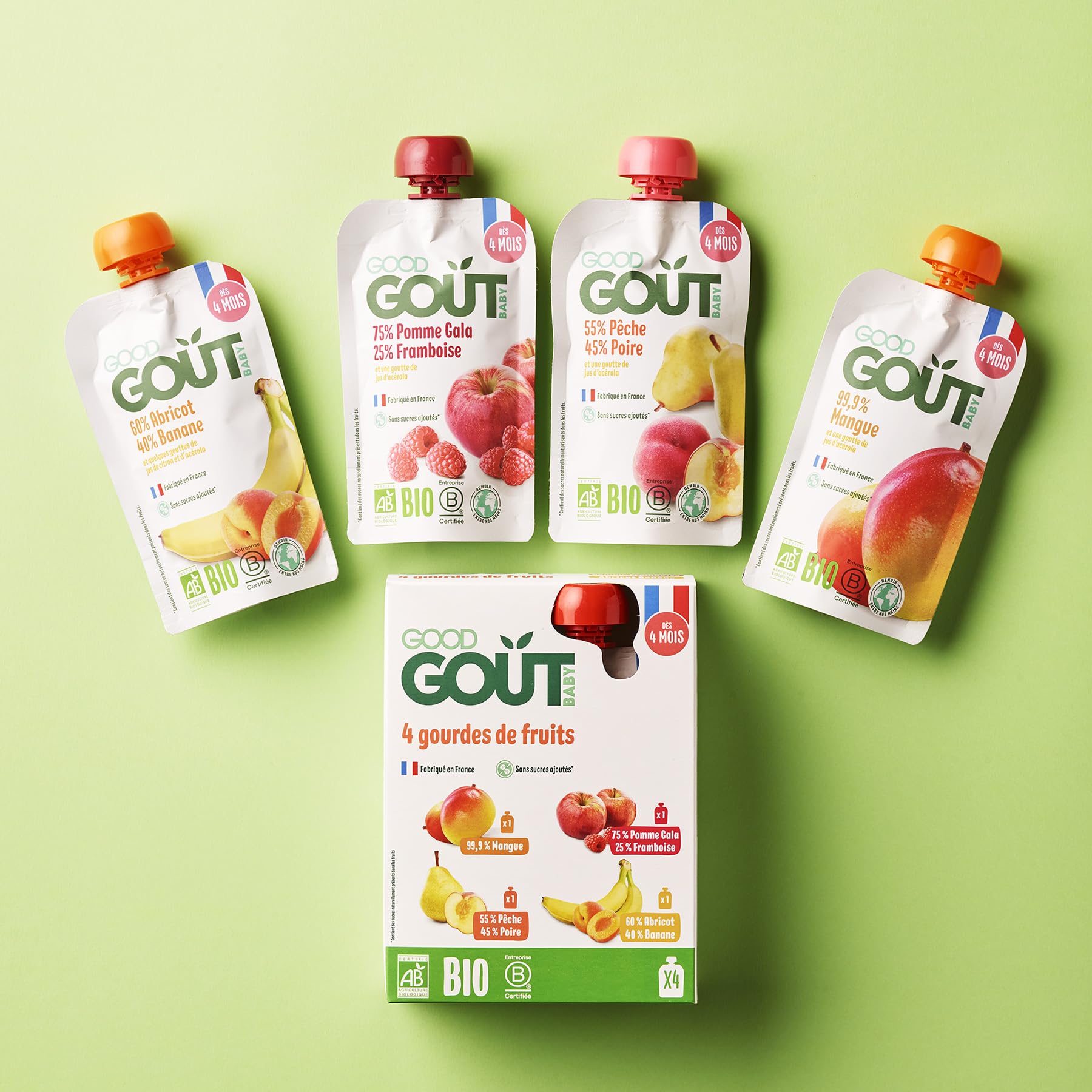 GOOD GOÛT - Gourdes Variety Fruits - 4 Compotes Bébé - Dès 4 Mois - Sans Sucres Ajoutés - Fabriqué En France - 4x120g - Lot de 8