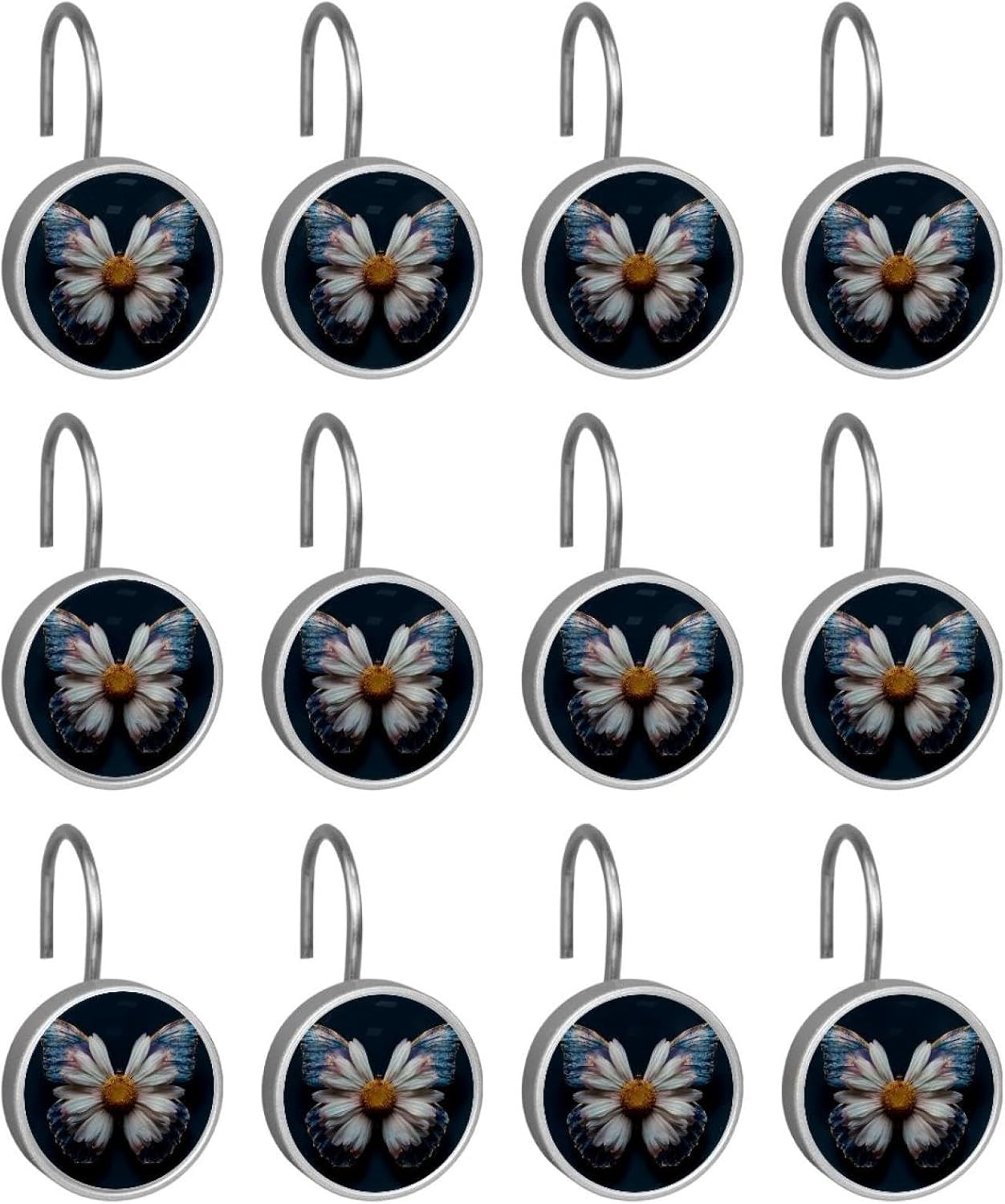 Daisy Butterfly (3) Shower Curtain Hooks,Set of 12 Shower Curtain Rings,Shower Hooks for Curtain Shower Rings,Rust Proof Metal Shower Hooks