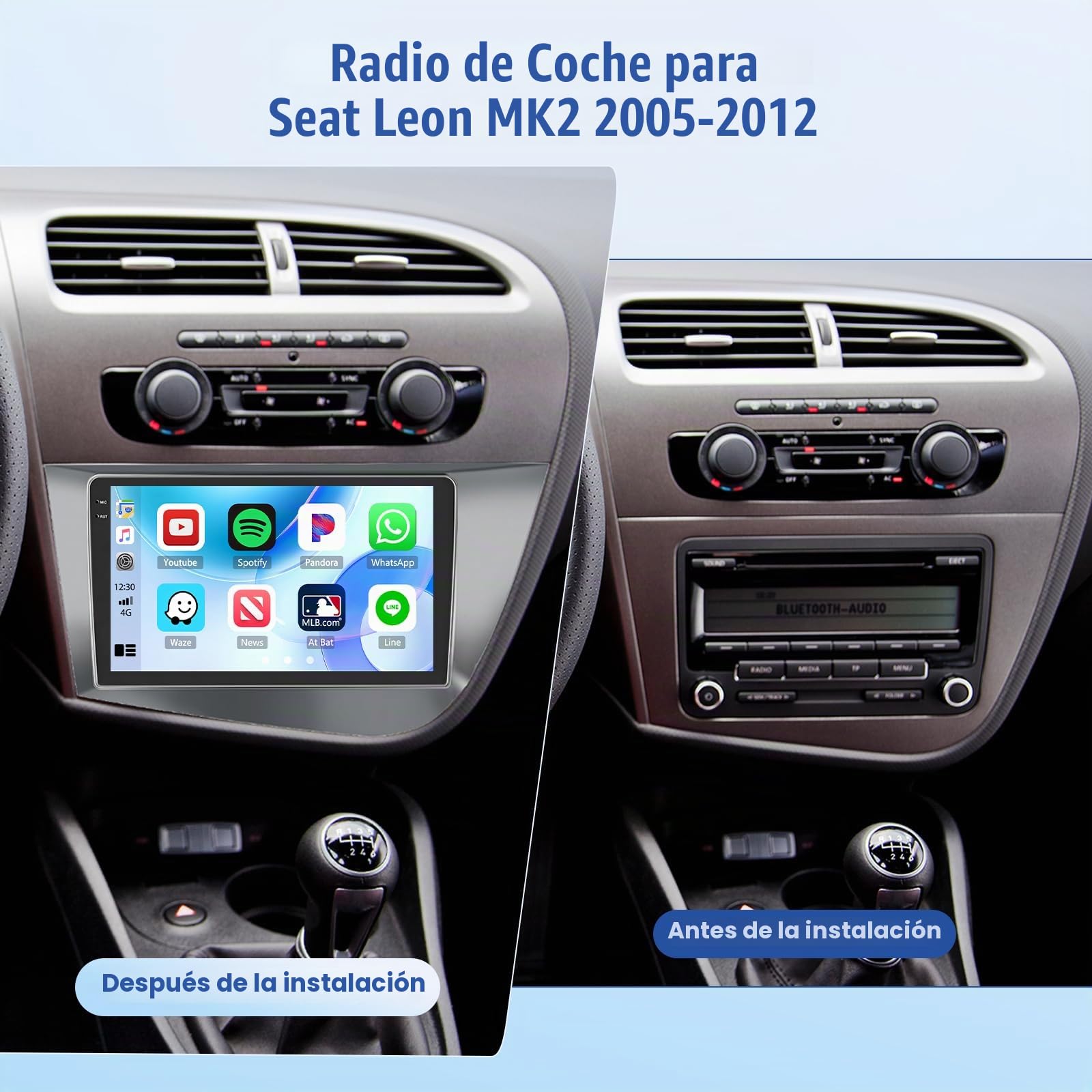 Inefala 4+64G Android 15 Radio Coche para Seat Leon MK2 2005-2012, 9 Pulgadas Incell Pantalla con CarPlay y Android Auto, Radio Coche 2 DIN con GPS WiFi Bluetooth 5.0 RDS/FM EQ SWC Cámara Trasera Mic