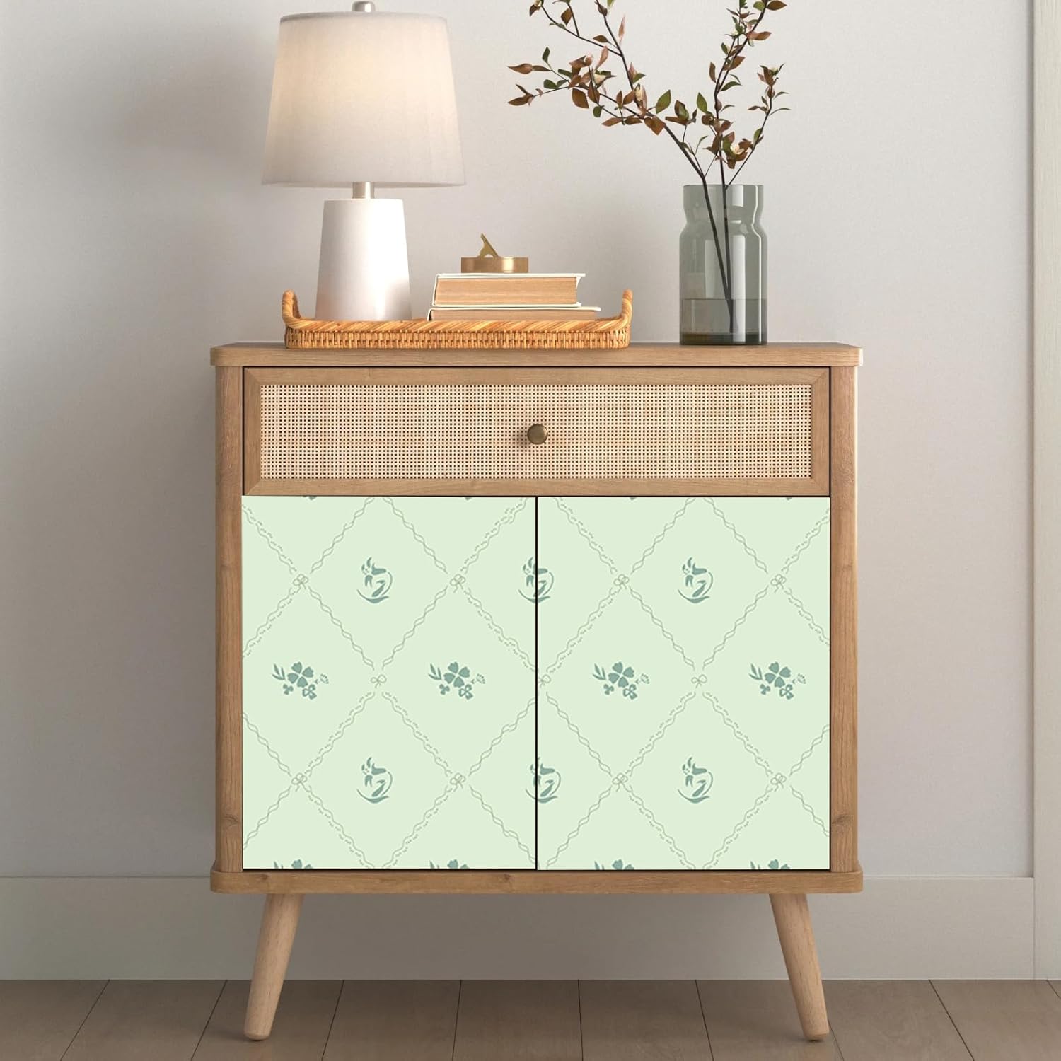 Hopepak Peel and Stick Wallpaper Stripe Floral Wallpaper 17" x 78.7" Green Flower Bow Contact Paper Self Adhesive Removable Wall Paper Vinyl for Living Room Bedroom Bathroom Cabinets Wall Decor