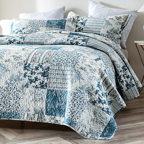 Visimisi Cotton Bedspread Quilt Sets Reversible Coverlet Sets Comforters Patchwork Bedspread (Blue Vintage Floral, King Size) #TOP2