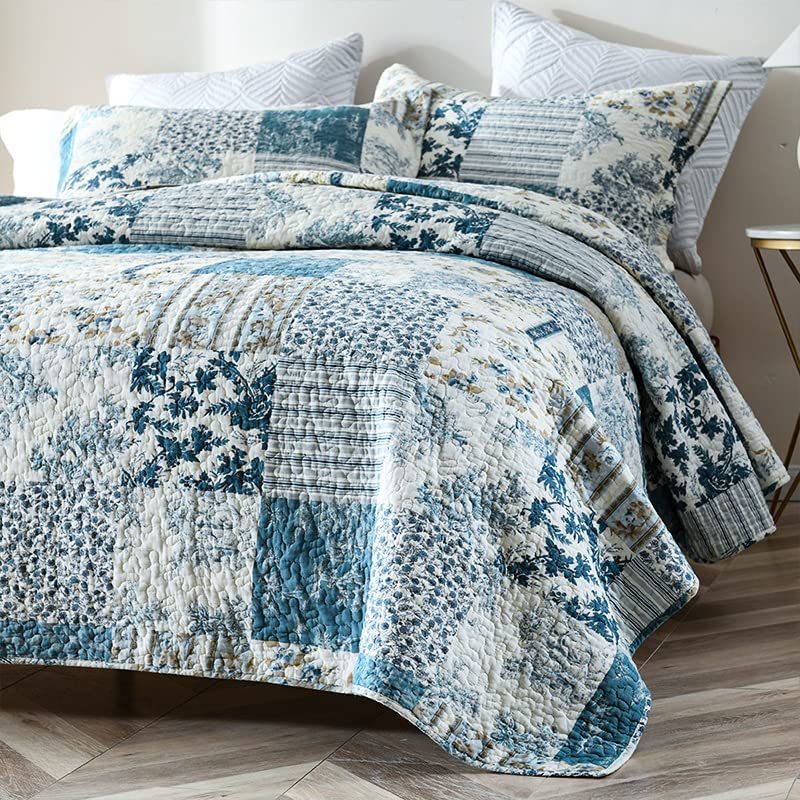 NEWLAKE Juego De Colcha De Algodón, Juego De Colcha Reversible De Retazos, Estilo Bohemio Misterioso, Azul, Tamaño King