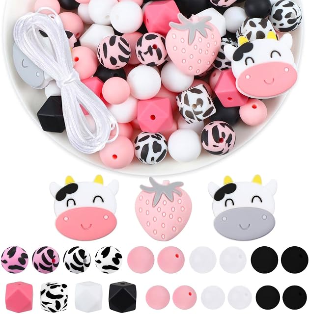 101 Pcs Silicone Beads Set Stylish DIY Keychain Necklace Silicone Beads Round Rubber Beads Polygonal Pastel Beads Colorful Confetti Making Kit for Garland Bracelet Jewelry Crafts (Cow Color)