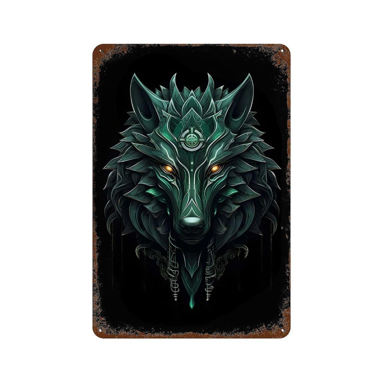 Rune Wolf 11.8"x7.9" Weathered Tin Sign, Rustic Home Decor for Living Room, Hallway And Home Decor