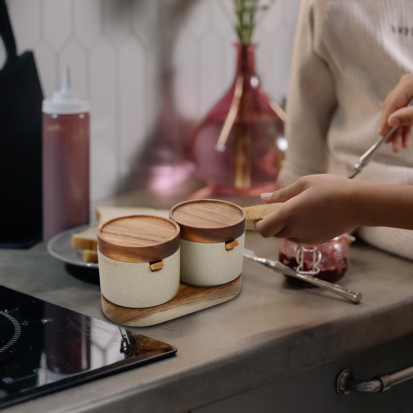DOITOOL Tarros de Condimentos de Cerámica con Tapa y Cuchara para Cocina, Diseño Simple y Elegante, Ideales para Almacenar Especias y Condimentos Hogar