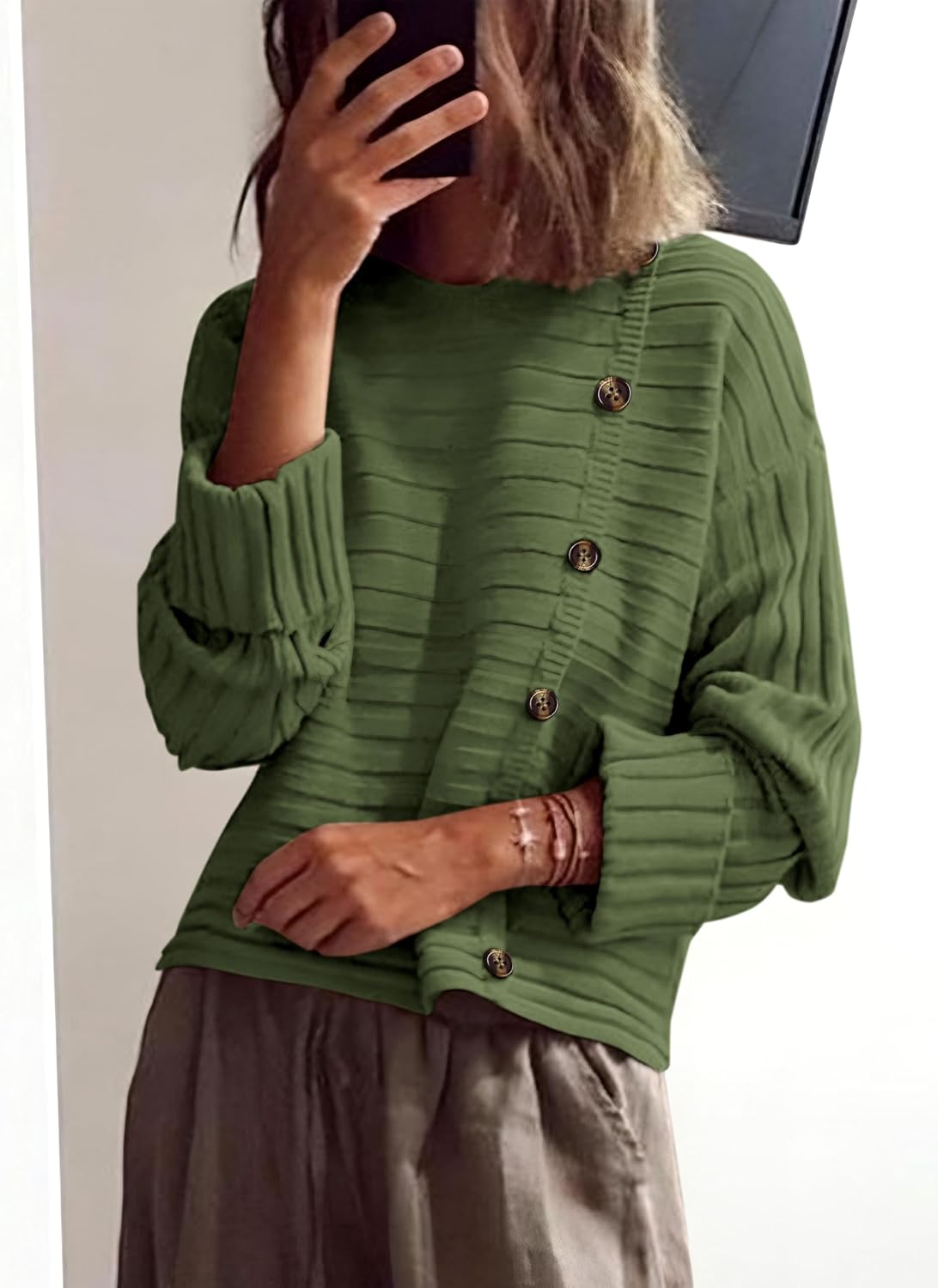 PRETTYGARDEN Womens Sweaters Fall 2026 Casual Long Sleeve Crewneck Button Loose Winter Knit Pullover Sweater Tops - Image 3