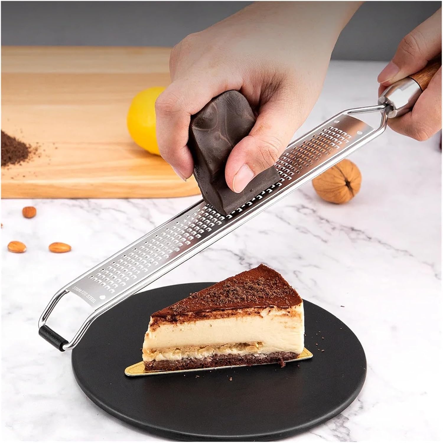 Cheese Grater Wooden Handle, Stainless Steel Vegetable Multi-purpose Kitchen Shredder For Chocolate Butter(Medium)