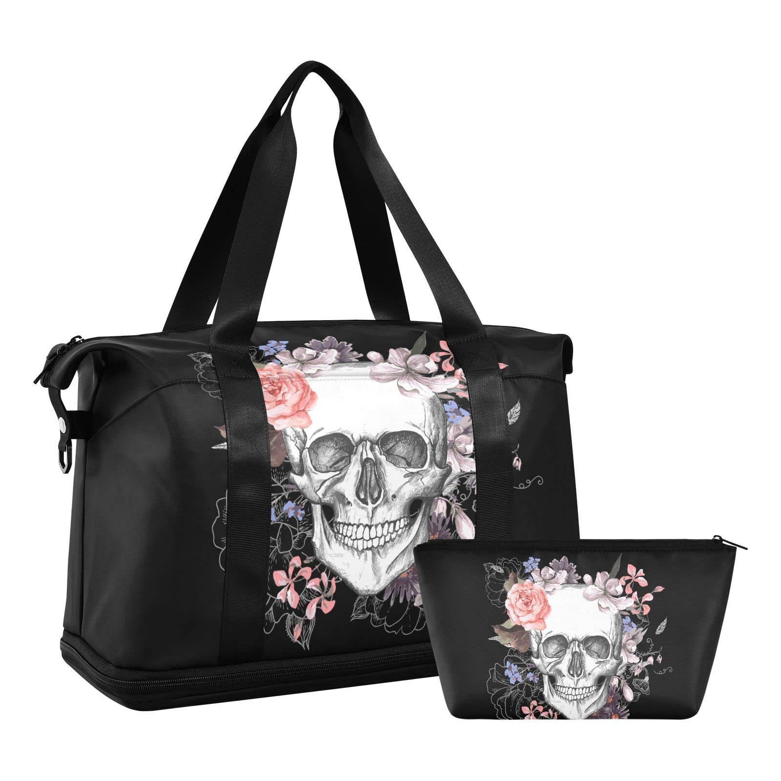 Gym Bag, Large Travel Swimming Sports Duffel Bags with Shoe Compartment Wet Pocket Women Men, Skull and Flowers Tote Gym Bag with Strap Handle Trolley Sleeve Makeup Bags