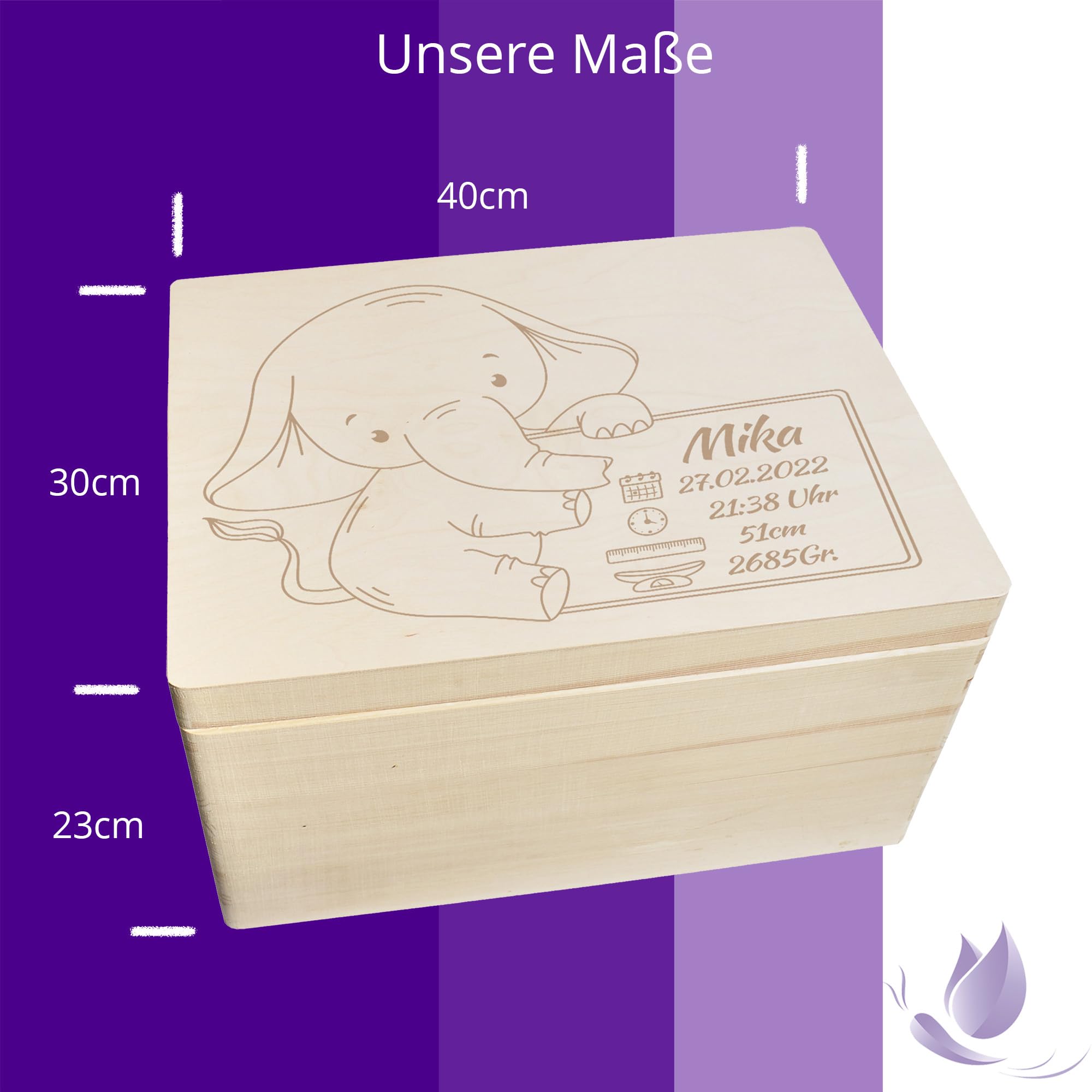 Scatola dei ricordi personalizzata per neonati e bambini con incisione elefante, scatola in legno per bei ricordi, 40 x 30 x 23 cm