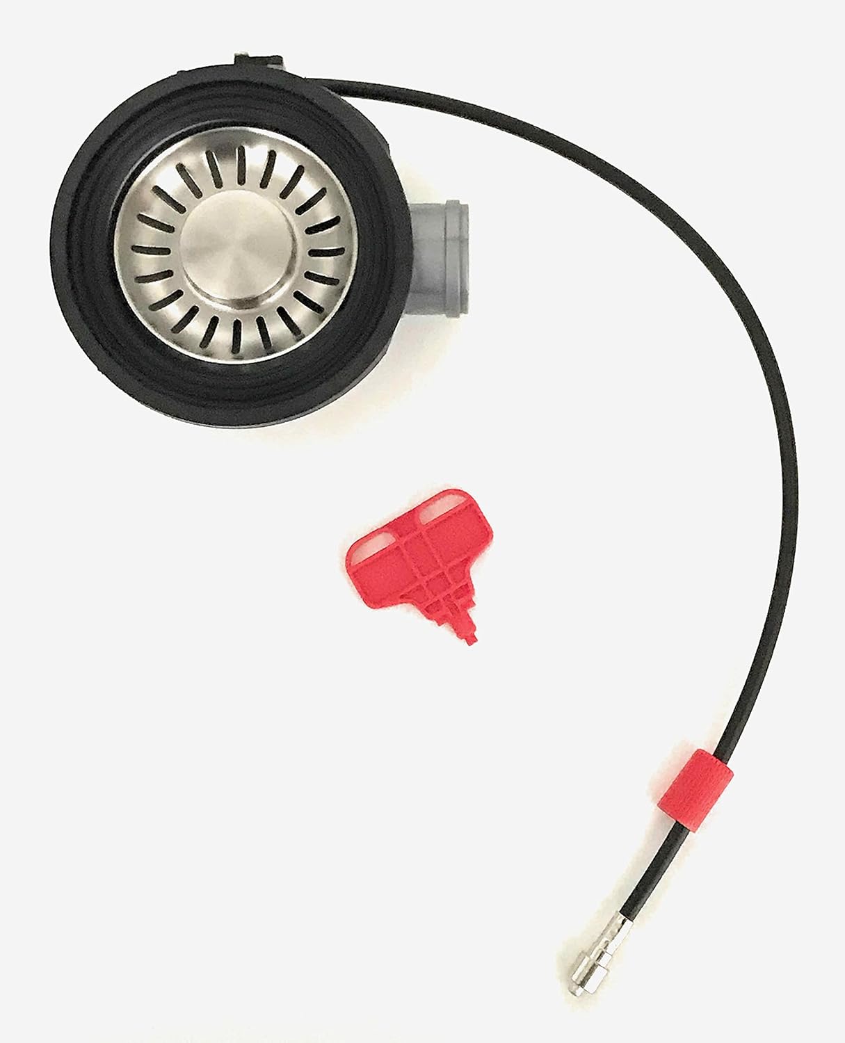 Top view of Franke valve components: strainer, cable, and red key