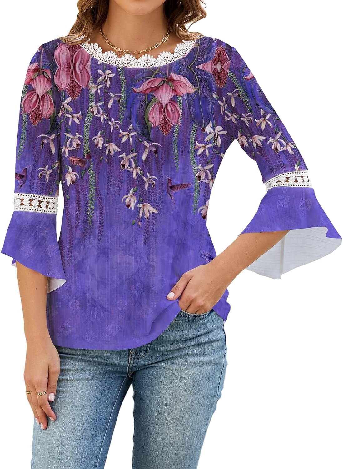 3/4 Sleeve Tops for Women Floral Print Fashion Blouses Loose Fit Tunic Top Bohemian Bell Sleeve T-Shirts Dressy Casual