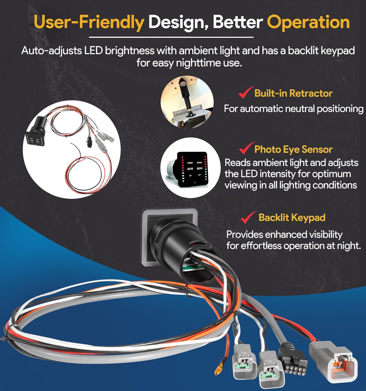 15170-001 LED Indicator Integrated Tactile Trim Tab Switch Kit with 36" Pigtail – Compatible Replacement for Lenco Marine Single Actuator Trim Tab Systems – Backlit Keypad, Auto-Retract