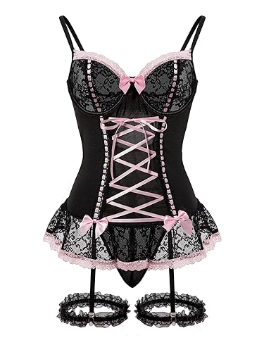Foxiny Sexy Rave Mesh Corset Ruffle Lace Up Underwire Sheer Garter Belt Babydoll Lingerie Set With Thong 3 Piece Women - Regular - Medium - Black