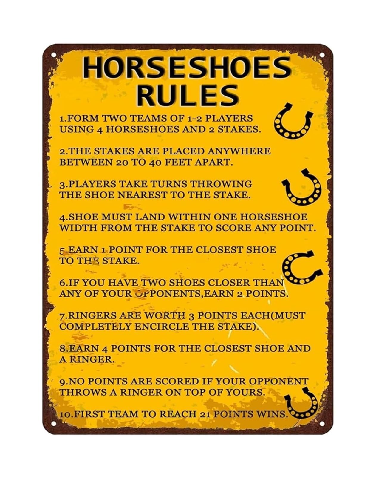 MQXFCZUX Vintage Horseshoes Rules Metal Sign Retro Backyard Game Tin Sign Wall Decor for Patio Man Cave 8 X 12 in
