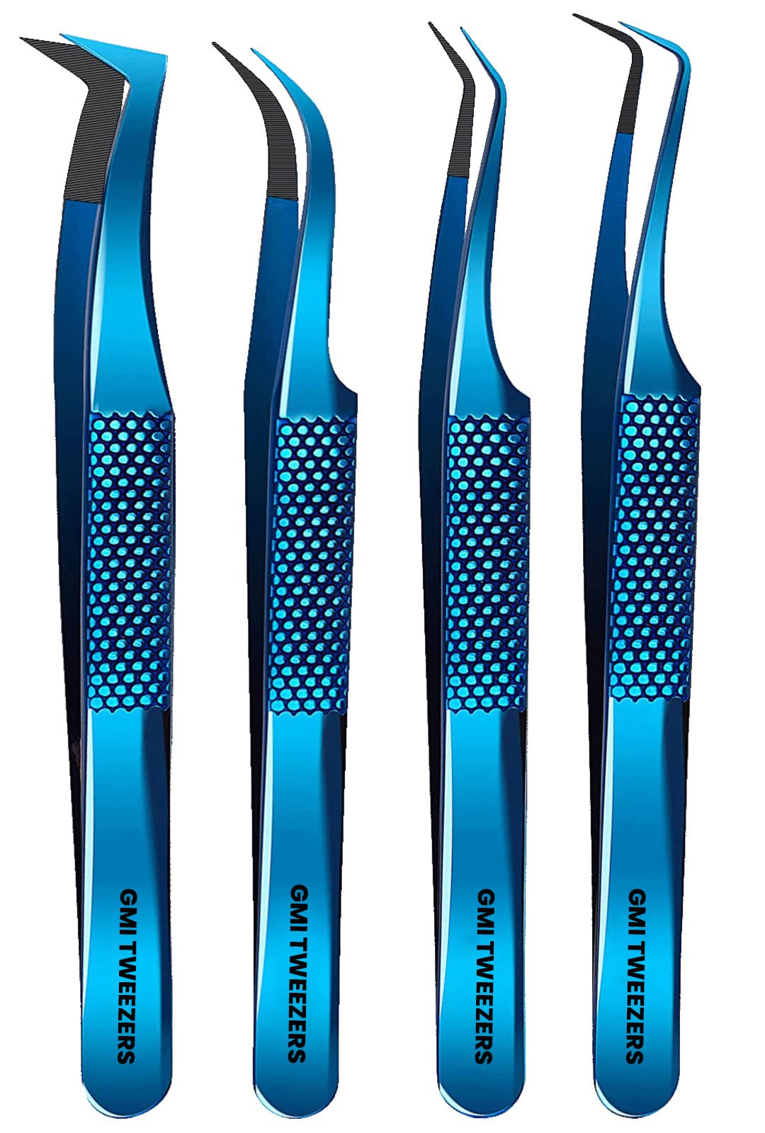 GMI Lash Tweezers - Pack of 4 Fiber Tip Eyelash Tweezers - Stainless Steel Eyelash Extension Tweezers.