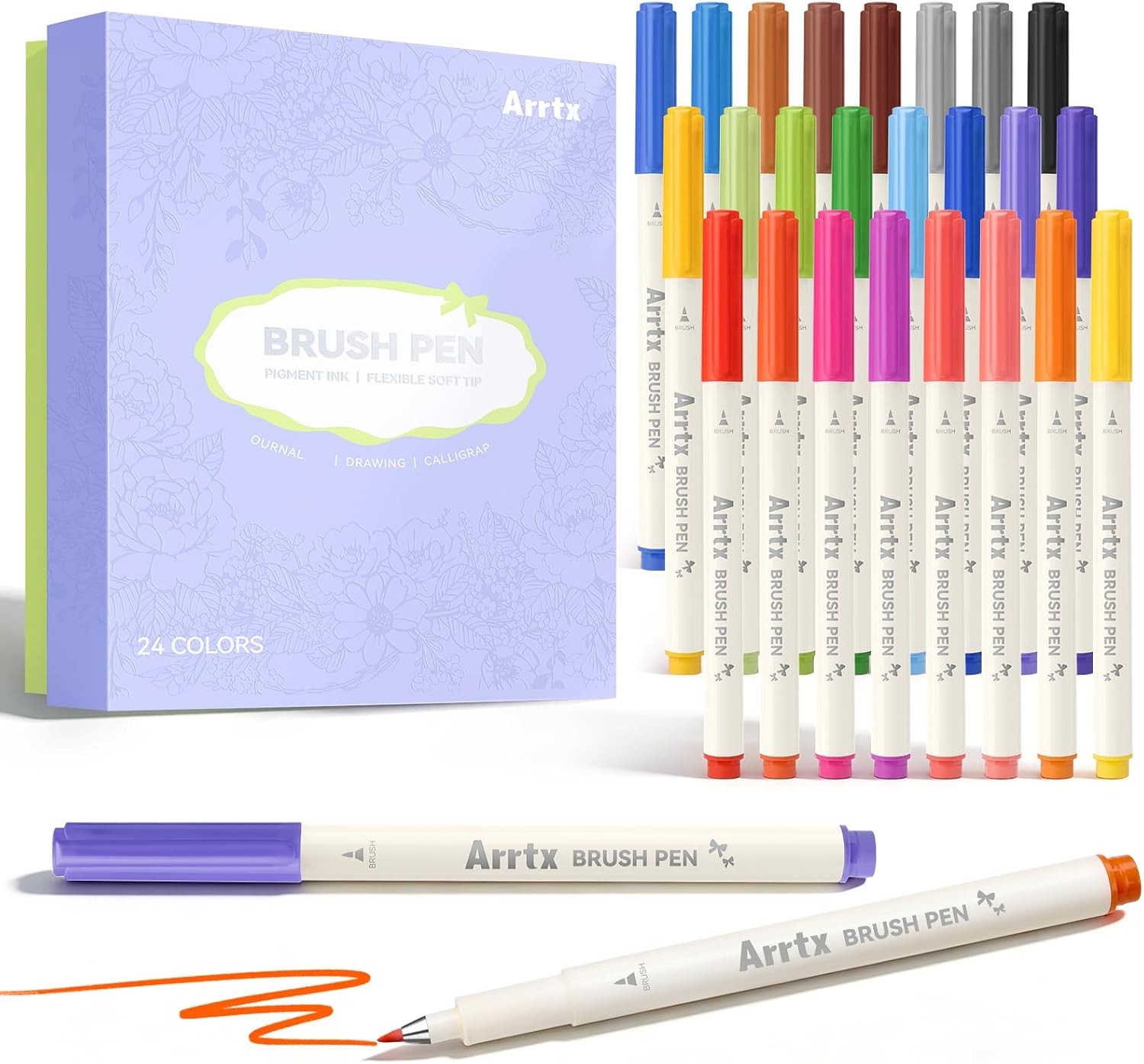 Arrtx Brush Pen 24 Colors for Journaling,Wear Resistance Tip | Water-Based Ink Brush Pens for Hand Lettering Sketching, Outline Drawing & Illustrations,Art & Creative Work