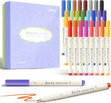 Arrtx Brush Marker Pens 24 Colors, Water-Based Ink Brush Pens for Hand Lettering, Journaling, Sketching, Outline Drawing & Illustrations,Art Supply