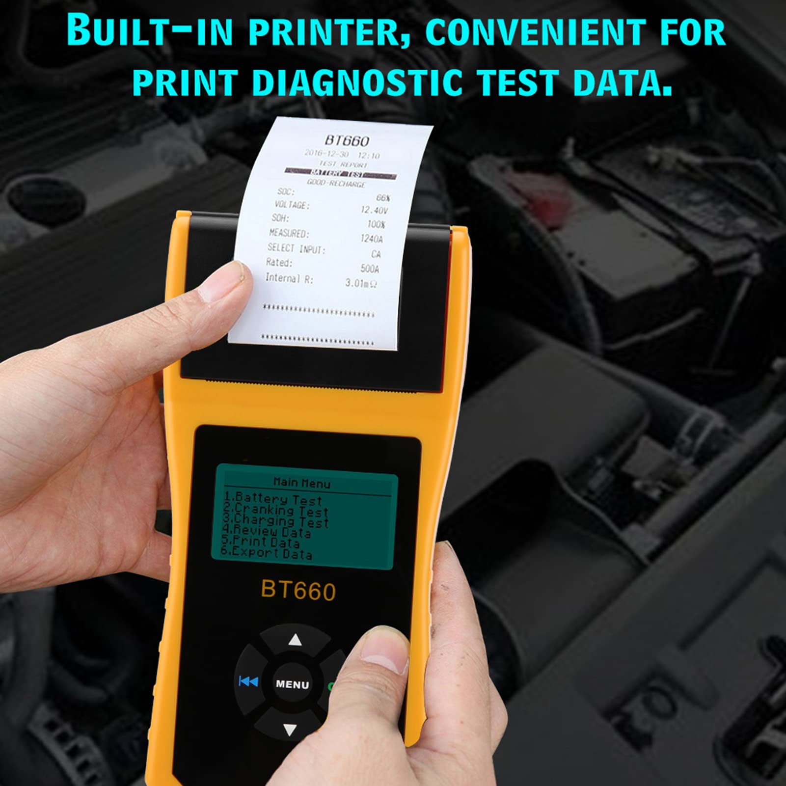 Cryfokt Tester Batteria Auto 12V, Analizzatore Batteria Digitale Auto con Stampante Integrata per Batterie Al Gel AGM Normali, Supporto Multilingue, capacità di Carico 100-3000 CCA