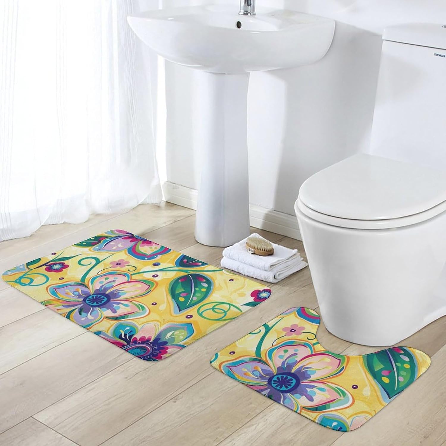 Coral Fleece Rug Set of 2, with Green Circle Printed Bathroom Rug U-Shaped Toilet Mat Soft Non-Slip Absorbent Mat for Bathroom Floor, Tub and Shower