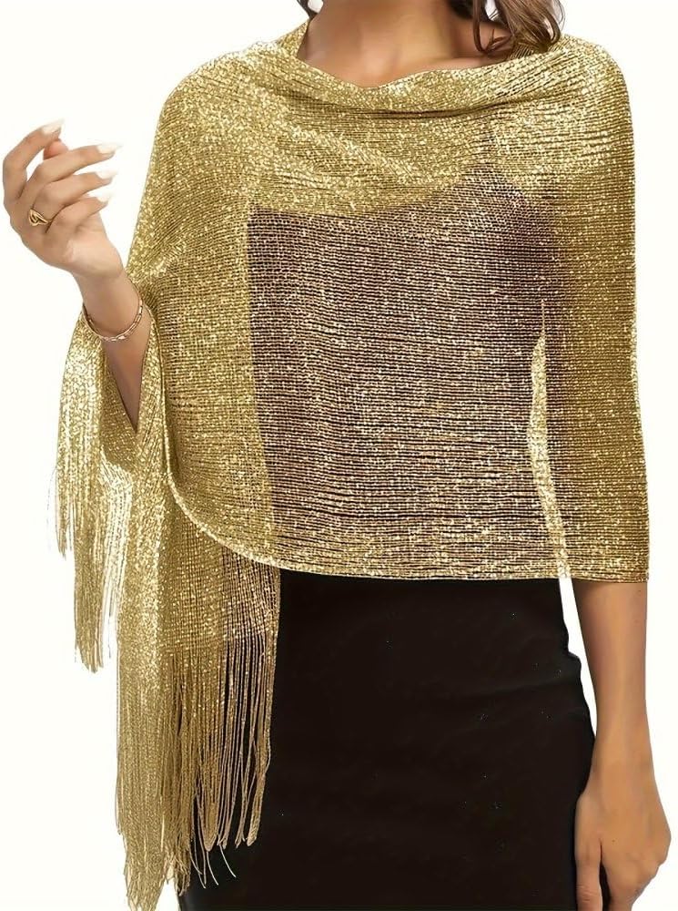 NevStp Fashion Bright Silk Sunscreen Shawl Hijab Gold Silver Shiny Scarves For Women Lace Tassel Party Evening Dress Scarf